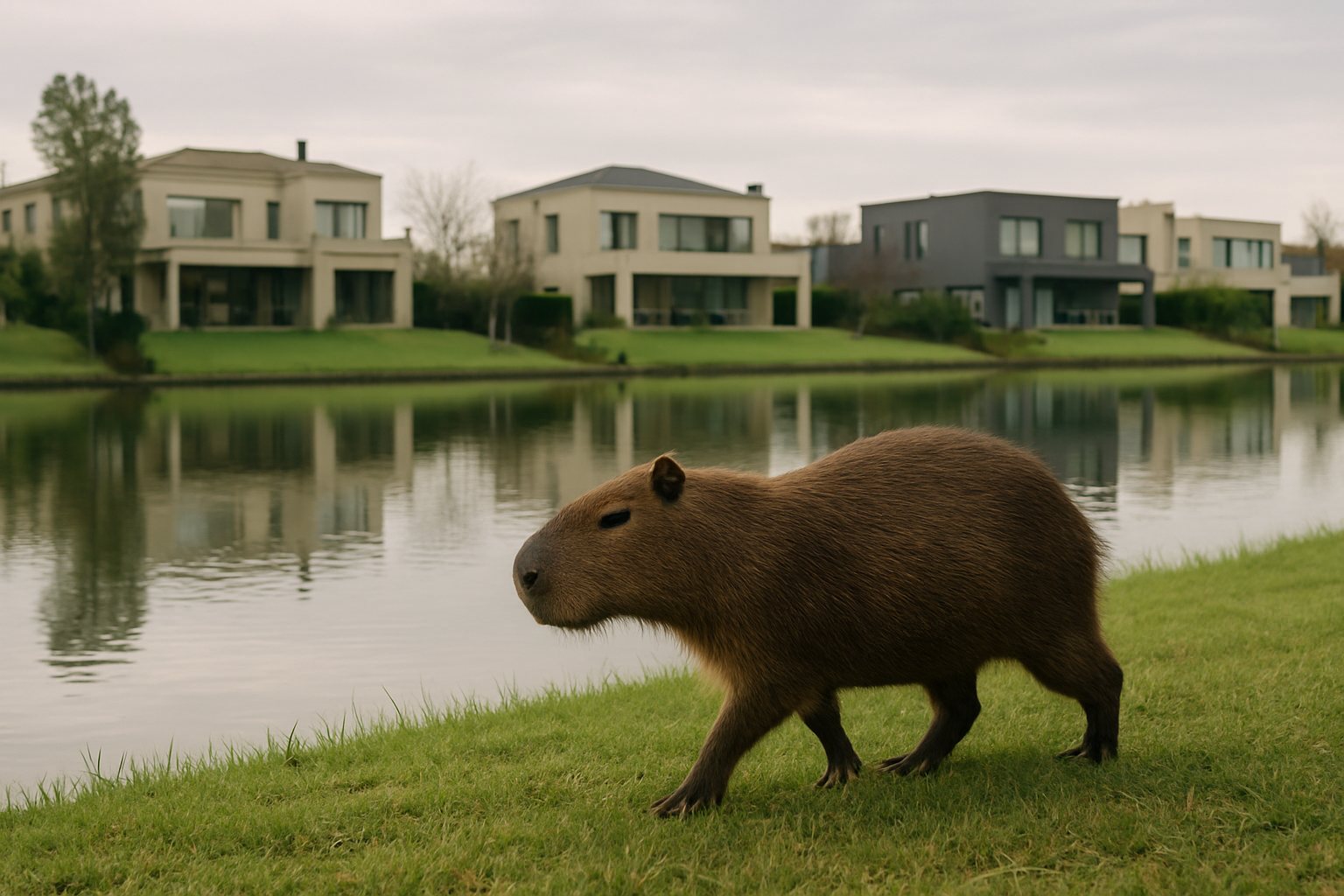 Imagen ilustrativa de un carpincho junto a una laguna y viviendas de un barrio cerrado de Tigre.
